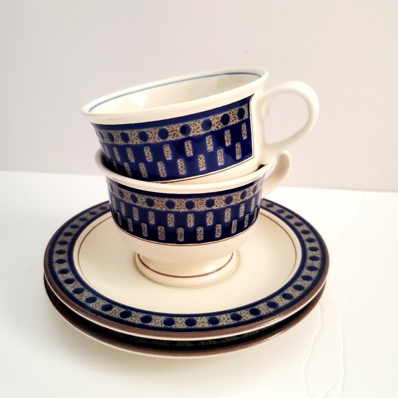 MIKASA Cup & Saucer Set x 2 Aztec Blue POTTER'S TOUCH Fine Porcelain Speckled - Picture 1 of 8